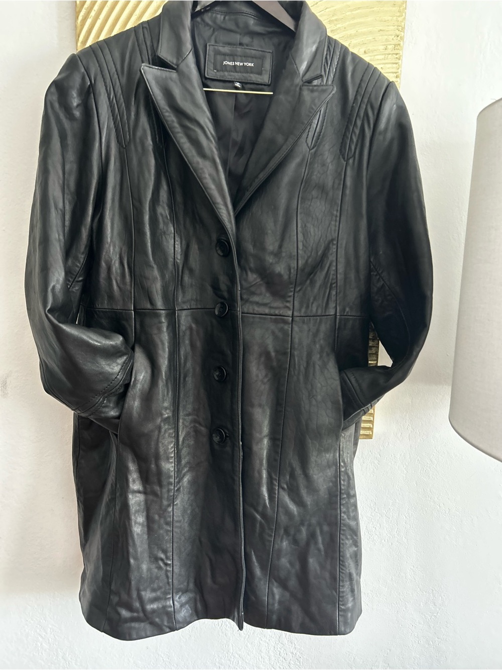 Jones New York Black Calf Leather Mid-Length Overcoat Button Down Lined XL Y2K - Picture 2 of 16